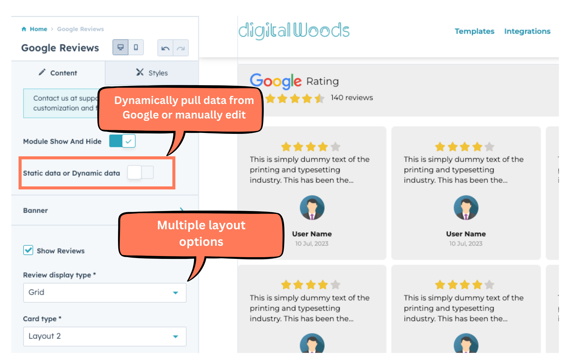 Dynamically pull data from Google Business listing or manually enter reviews